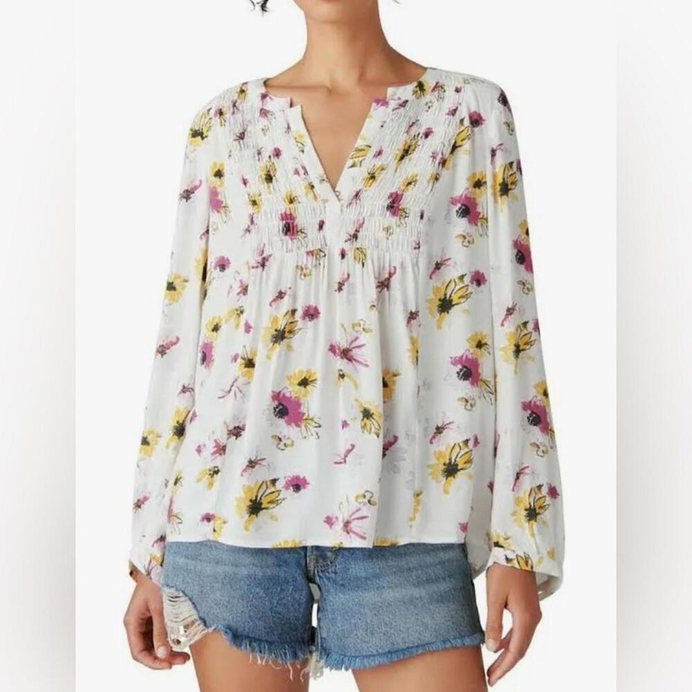 Lucky Brand White and Pink Floral Smocked Blouse